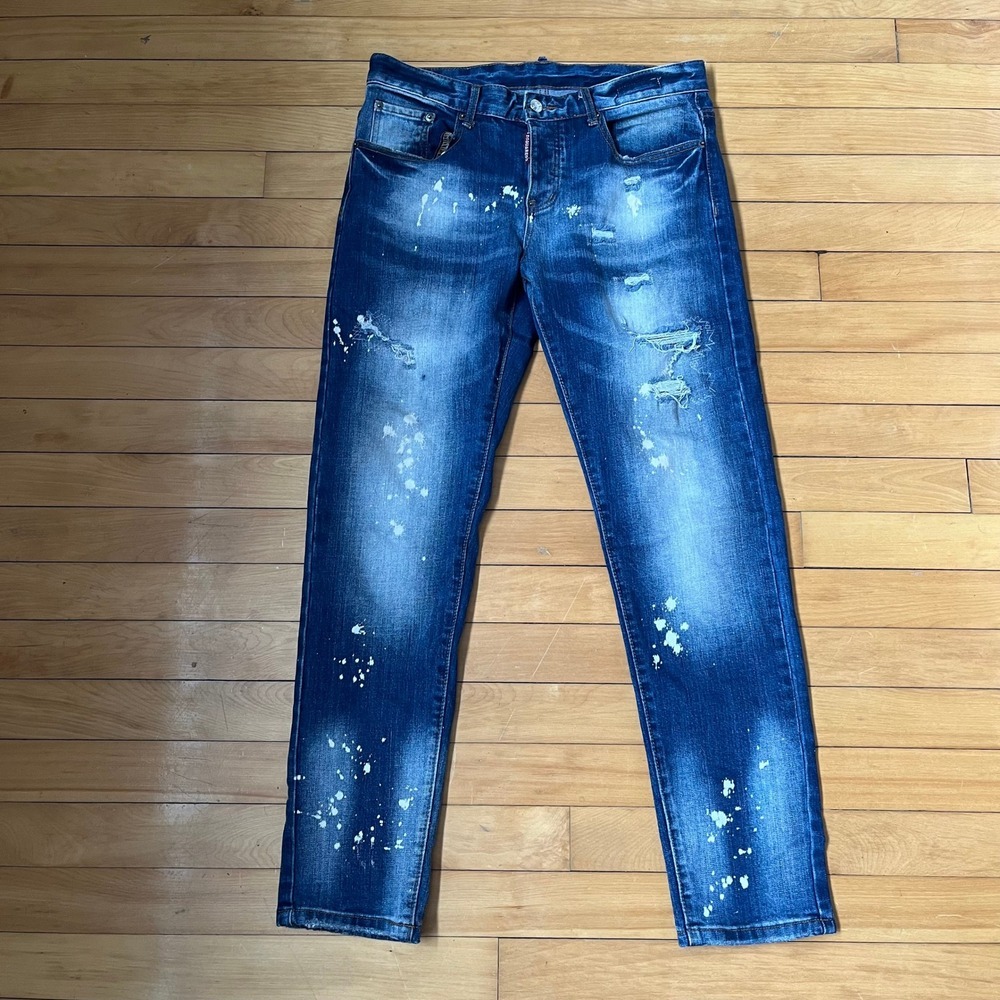 Dsquared2 Slim Jean Mens 32 Distressed Paint Splatter Blue Denim Italy S71LB0804